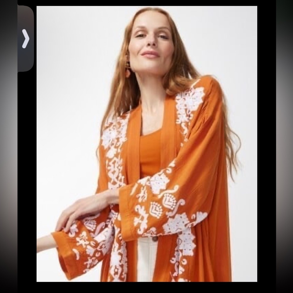 Chico's Terracotta Kimono with Ivory Embroidered Detailing